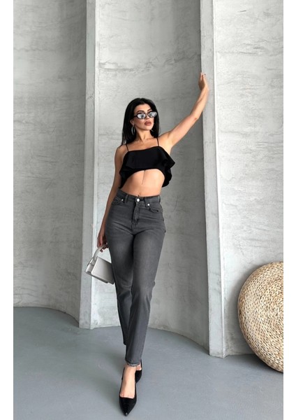 Mom Fit Enzim Taş Yıkama Jeans Pantolon Füme D2006 indirimleri