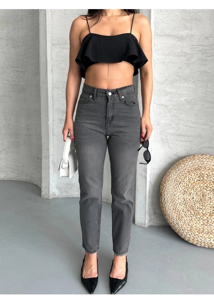 Mom Fit Enzim Taş Yıkama Jeans Pantolon Füme D2006