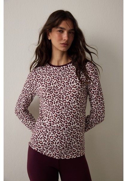 Bordo Leopar Desenli Bisiklet Yaka Uzun Kollu Pijama Üstü