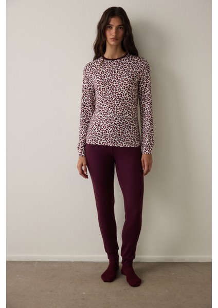 Bordo Leopar Desenli Bisiklet Yaka Uzun Kollu Pijama Üstü fiyatları
