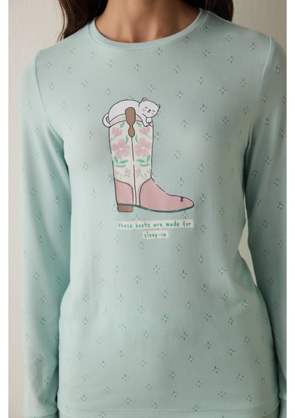 Mint Sleep-In Sloganlı Termal Etkisi Bisiklet Yaka Uzun Kollu Pijama Üstü modelleri
