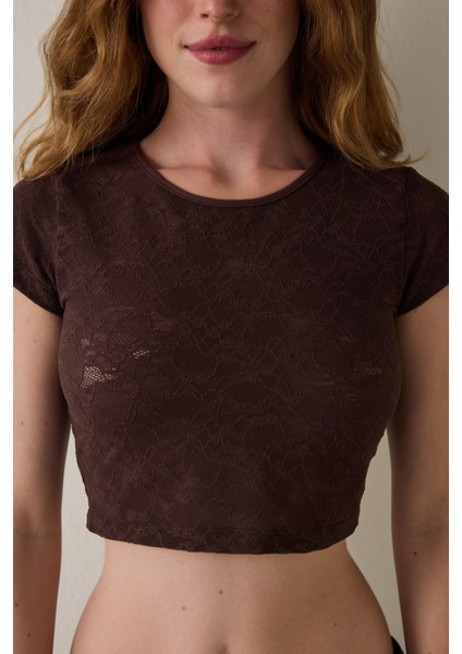 Kahverengi Bisiklet Yaka Dantelli Crop Üst modelleri