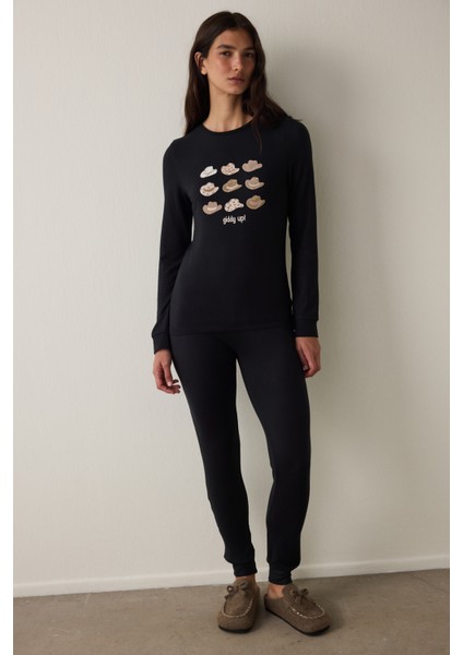Siyah Lana Slogan Baskılı Bisiklet Yaka Pijama Takımı