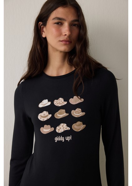 Siyah Lana Slogan Baskılı Bisiklet Yaka Pijama Takımı modelleri