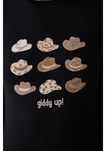 Siyah Lana Slogan Baskılı Bisiklet Yaka Pijama Takımı fırsatları