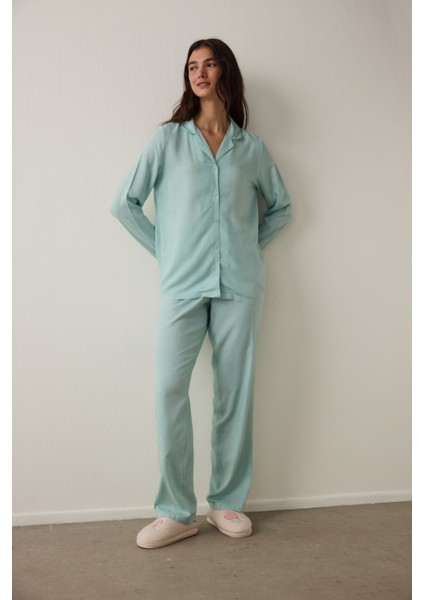 Mint Sleep-In Yıldız Desenli Gömlek Yaka Uzun Kollu Pijama Takımı