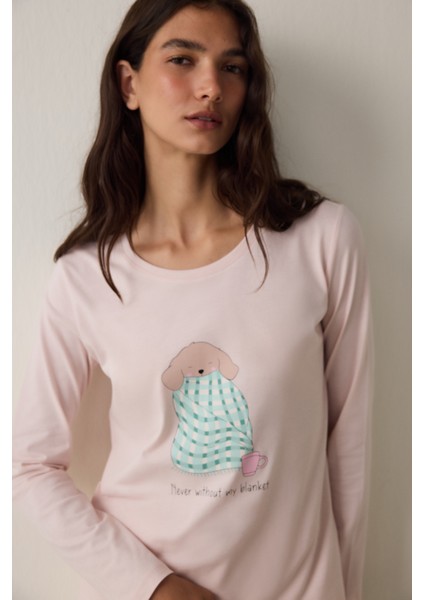 Lila Blanket Slogan Baskılı Bisiklet Yaka Pamuklu Uzun Kollu Pijama Takımı modelleri