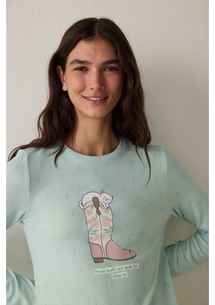 Mint Sleep-In Sloganlı Termal Etkili Bisiklet Yaka Uzun Kollu Pijama Üstü fiyatları