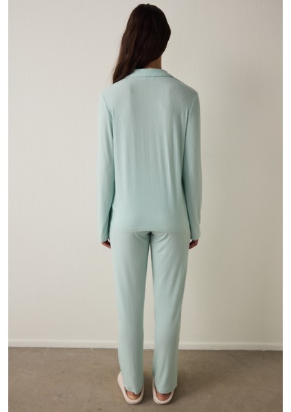 Mint Fitilli Gömlek Yaka Düğmeli Uzun Kollu Sürdürülebilir Viskon Pijama Takımı fiyatları