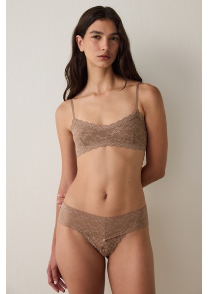 Açık Kahverengi Dantelli Balensiz Dolgusuz Üçgen Sütyen
