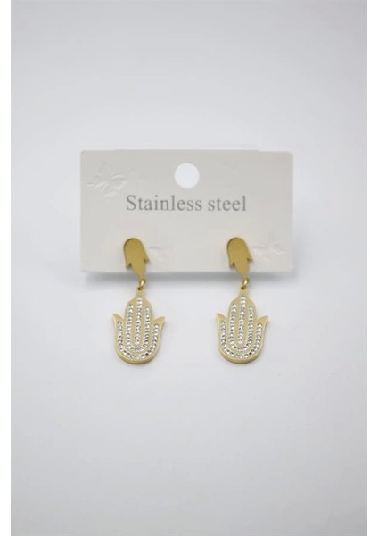 Taşlı Fatıma Eli Küpe - Altın