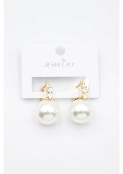 Taşlı Inci Küpe - Altın