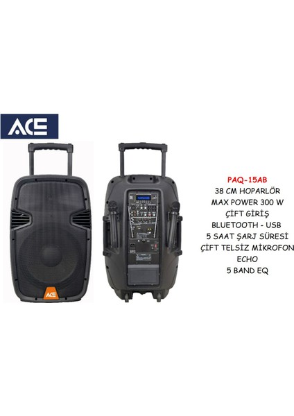 Ace PAQ-15AB 300 Watt Taşınabilir Çift Mikrofonlu Şarjlı Amfi fırsatları