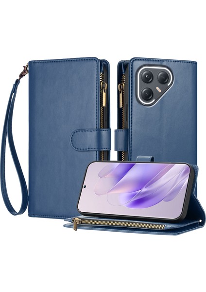 Tecno Pova 7 Pro ile Uyumlu Rfıd Engelleme Kredi Kartı Tutucu Deri Fermuarlı Kapaklı Cüzdan Bilek Kayışı Destekli Koruyucu Kılıf (Yurt Dışından)