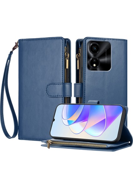 Honor X5C Plus ile Uyumlu Rfıd Engelleme Kredi Kartı Tutucu Deri Fermuarlı Kapaklı Cüzdan Bilek Kayışı Destekli Koruyucu Kılıf (Yurt Dışından)