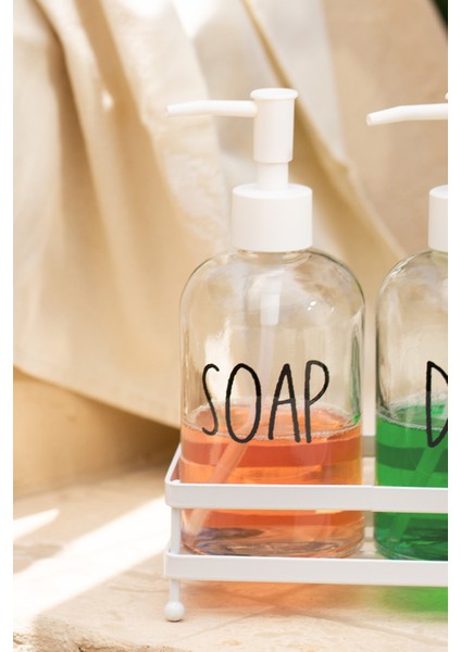 Basic Beyaz Metal Kare Stantlı 2'li Sıvı Sabunluk Seti 420 cc