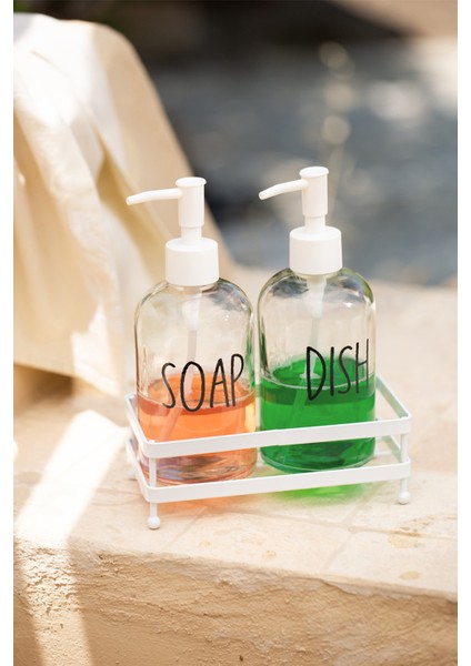 Basic Beyaz Metal Kare Stantlı 2'li Sıvı Sabunluk Seti 420 cc