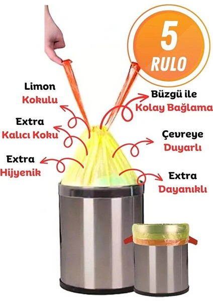 Büzgülü Limon Kokulu Orta Boy Çöp Torbası 55X60 cm 10'lu 5 Rulo