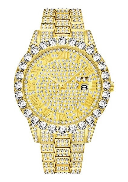 Altın Hip Hop Erkek Roma Dijital Elmas Ankastre Izle Tamamen Cz Su Geçirmez Çok Renkli Büyük Kadran Kuvars Izle (Yurt Dışından)