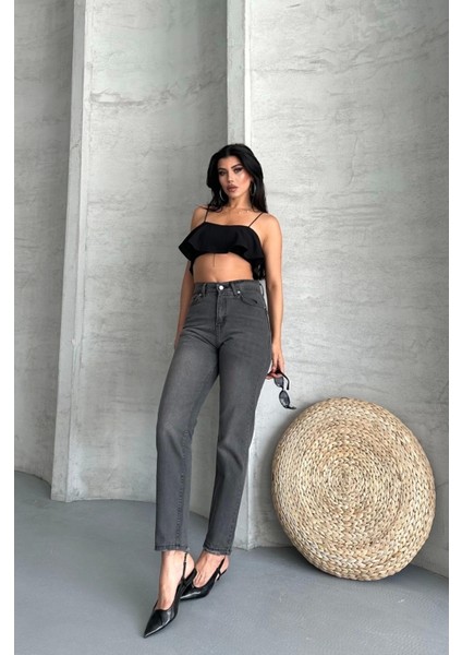 Mom Fit Enzim Taş Yıkama Jeans Pantolon Füme D2006