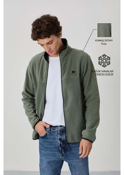 Çağla Yazı Nakışlı Dik Yaka Fermuarlı Standart Kalıp Erkek Sweatshirt Polar - 87992