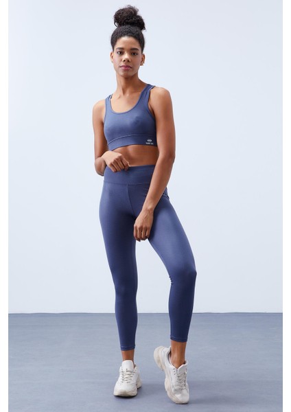 Petrol Yüksek Bel Toparlayıcılı Sırt Detaylı Slim Fit Büstiyer Kadın Tayt Takım - 95281