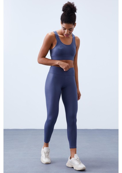 Petrol Yüksek Bel Toparlayıcılı Sırt Detaylı Slim Fit Büstiyer Kadın Tayt Takım - 95281