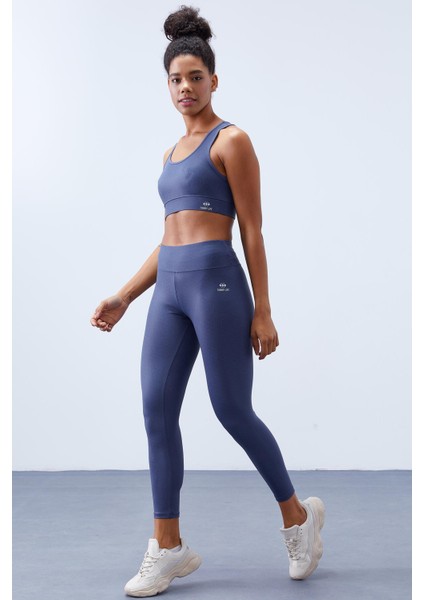 Petrol Yüksek Bel Toparlayıcılı Sırt Detaylı Slim Fit Büstiyer Kadın Tayt Takım - 95281