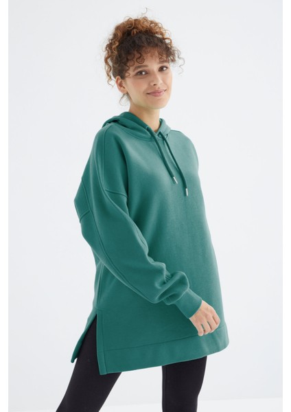 Tommy Life Deniz Yeşili Reglan Kol Basic Kapüşonlu Oversize Tunik - 97242