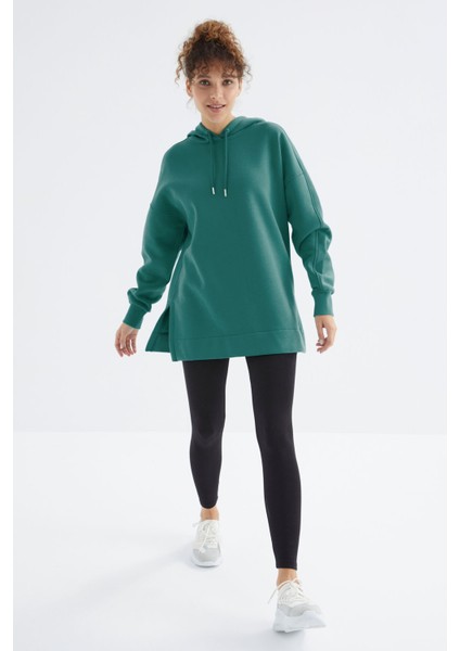 Tommy Life Deniz Yeşili Reglan Kol Basic Kapüşonlu Oversize Tunik - 97242