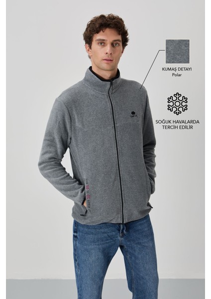 Gri Melanj Yazı Nakışlı Dik Yaka Fermuarlı Standart Kalıp Erkek Sweatshirt Polar - 87992