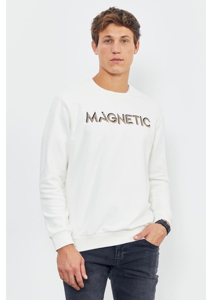 Ekru Yazı Nakışlı O Yaka Rahat Form İçi Polarlı Erkek Sweatshirt - 88020
