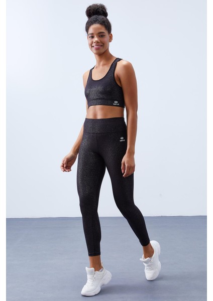 Siyah-gümüş - Siyah Yüksek Bel Toparlayıcılı Sırt Detaylı Slim Fit Büstiyer Kadın Tayt Takım - 95281