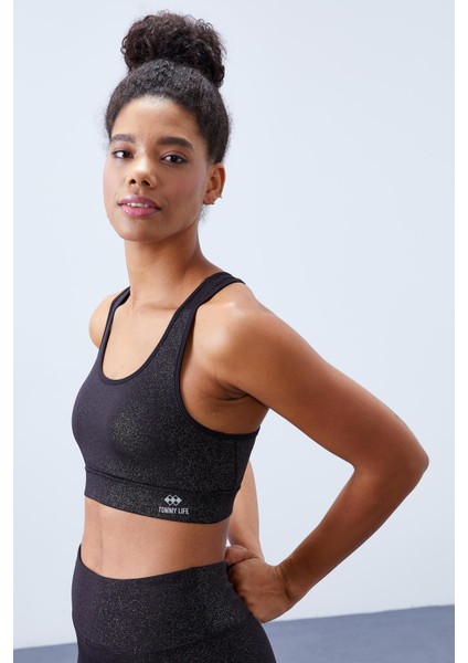 Siyah-gümüş - Siyah Yüksek Bel Toparlayıcılı Sırt Detaylı Slim Fit Büstiyer Kadın Tayt Takım - 95281