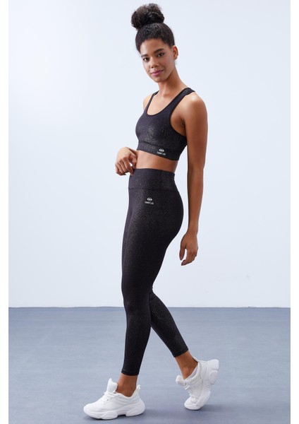 Siyah-gümüş - Siyah Yüksek Bel Toparlayıcılı Sırt Detaylı Slim Fit Büstiyer Kadın Tayt Takım - 95281