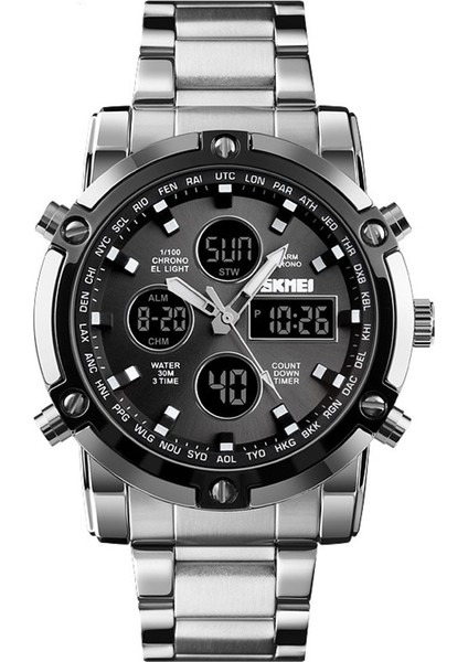 Erkekler Için Çok Işlevli Saat Çelik Kayışlı Çift Hareketli Erkek Saati Büyük Kadranlı Su Geçirmez Saat (Yurt Dışından)