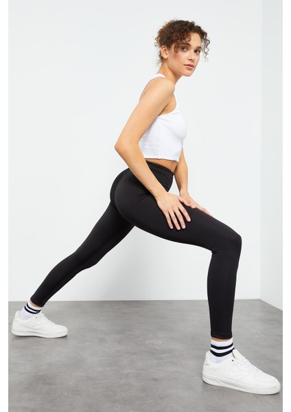 Siyah Yüksek Bel Streç Slim Fit Dar Paça Kadın Tayt - 94545