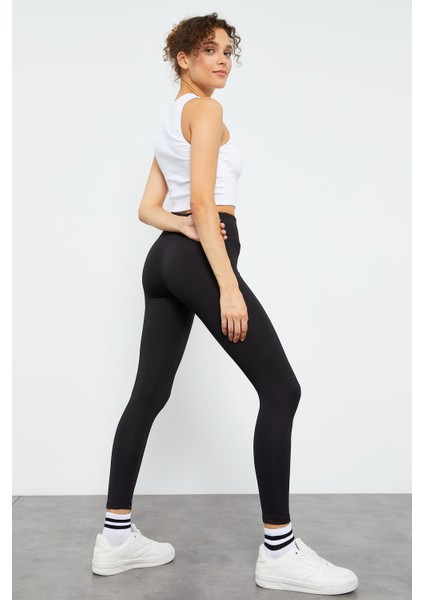 Siyah Yüksek Bel Streç Slim Fit Dar Paça Kadın Tayt - 94545