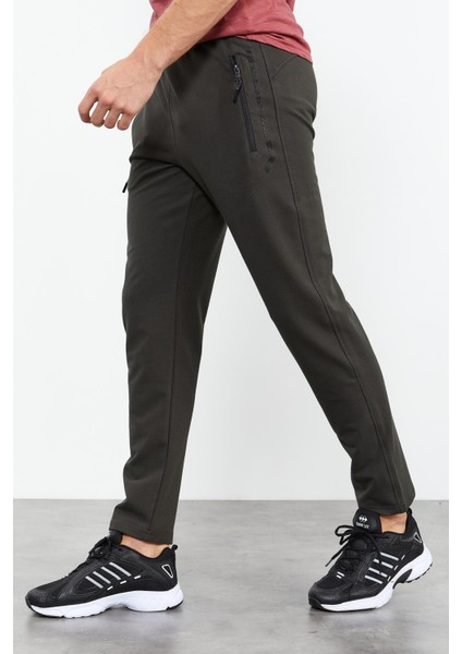 Haki Fermuar Cepli Yazı Detaylı Standart Kalıp Klasik Paça Erkek Eşofman Alt - 84744