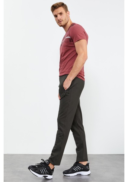 Haki Fermuar Cepli Yazı Detaylı Standart Kalıp Klasik Paça Erkek Eşofman Alt - 84744