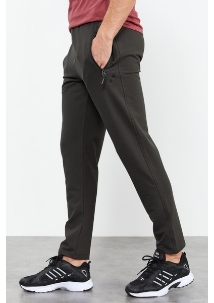Haki Fermuar Cepli Yazı Detaylı Standart Kalıp Klasik Paça Erkek Eşofman Alt - 84744