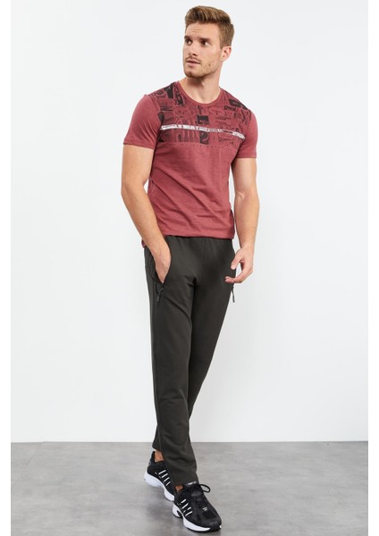 Haki Fermuar Cepli Yazı Detaylı Standart Kalıp Klasik Paça Erkek Eşofman Alt - 84744