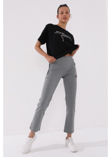 Gri Melanj Fermuar Cepli Rahat Form Klasik Paça Kadın Eşofman Alt - 94195