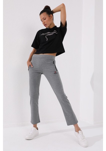 Gri Melanj Fermuar Cepli Rahat Form Klasik Paça Kadın Eşofman Alt - 94195 indirimleri