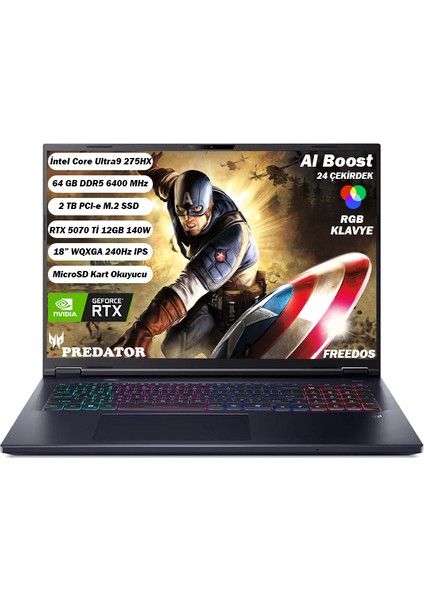 Predator PHN18-72 Core Ultra9 275HX 32 GB 1 TB RTX 5070TI 18'' WQXGA IPS 240Hz FDOS NH.QVMEY.002