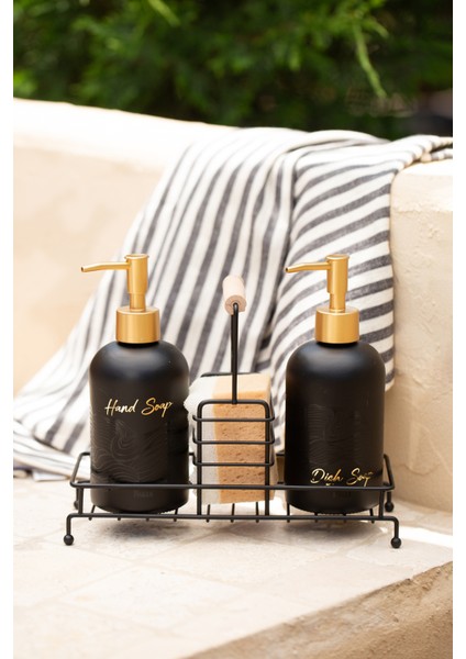 Bright Siyah Metal Ahşap Kulplu Stand 2'li Sıvı Sabunluk Seti Siyah 420 cc