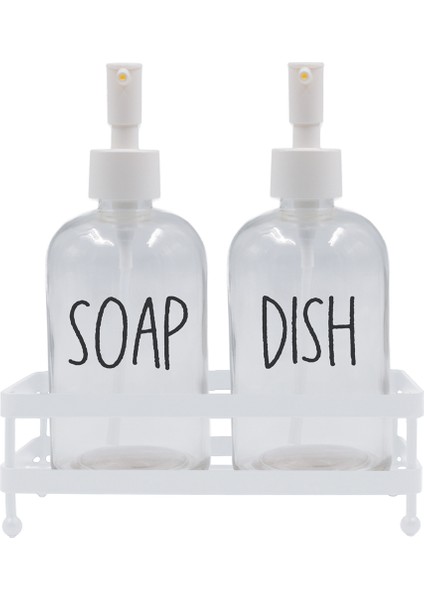 Basic Beyaz Metal Kare Stantlı 2'li Sıvı Sabunluk Seti 420 cc