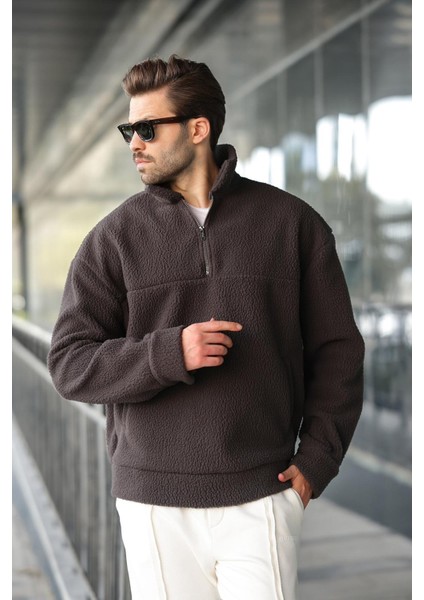 Füme Yarım Fermuarlı Dik Yaka Polar Sweatshirt E7165 fırsatları