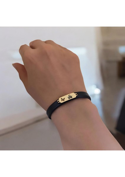 14 Ayar Altın Plakalı Hz Ali Temalı Kelebek Motifli Doğal Siyah Derili Hediye BILEKLIK-646SEMBOL