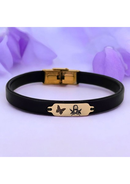 14 Ayar Altın Plakalı Hz Ali Temalı Kelebek Motifli Doğal Siyah Derili Hediye BILEKLIK-646SEMBOL fiyatları